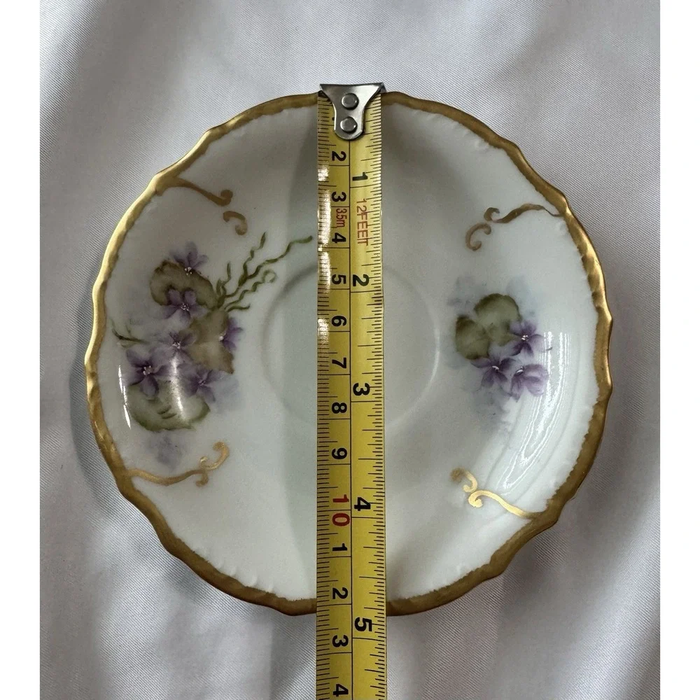 1954 Antique Signed Hand Painted Saucer Plate Floral Gold Tone‎ Rim